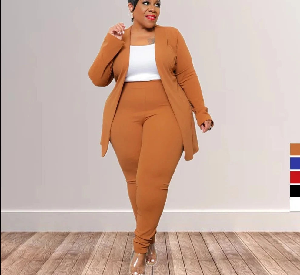 Plus Size 12-22 Two-piece Suit Set - Solid Color Lapel Cardigan & Long Pants Plus Polished Pros