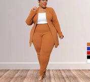 Plus Size 12-22 Two-piece Suit Set - Solid Color Lapel Cardigan & Long Pants Plus Polished Pros