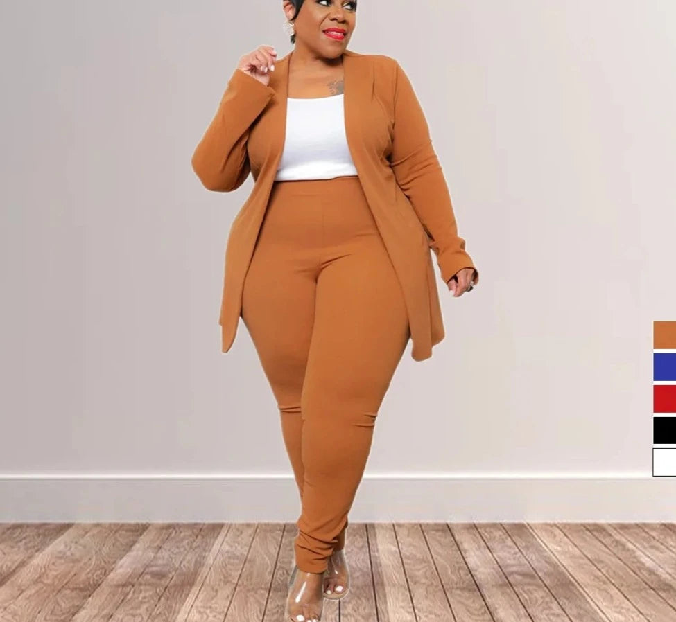 Plus Size 12-22 Two-piece Suit Set - Solid Color Lapel Cardigan & Long Pants Plus Polished Pros