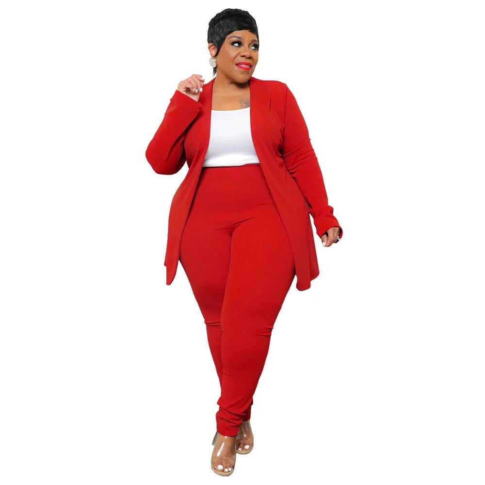 Plus Size 12-22 Two-piece Suit Set - Solid Color Lapel Cardigan & Long Pants Plus Polished Pros