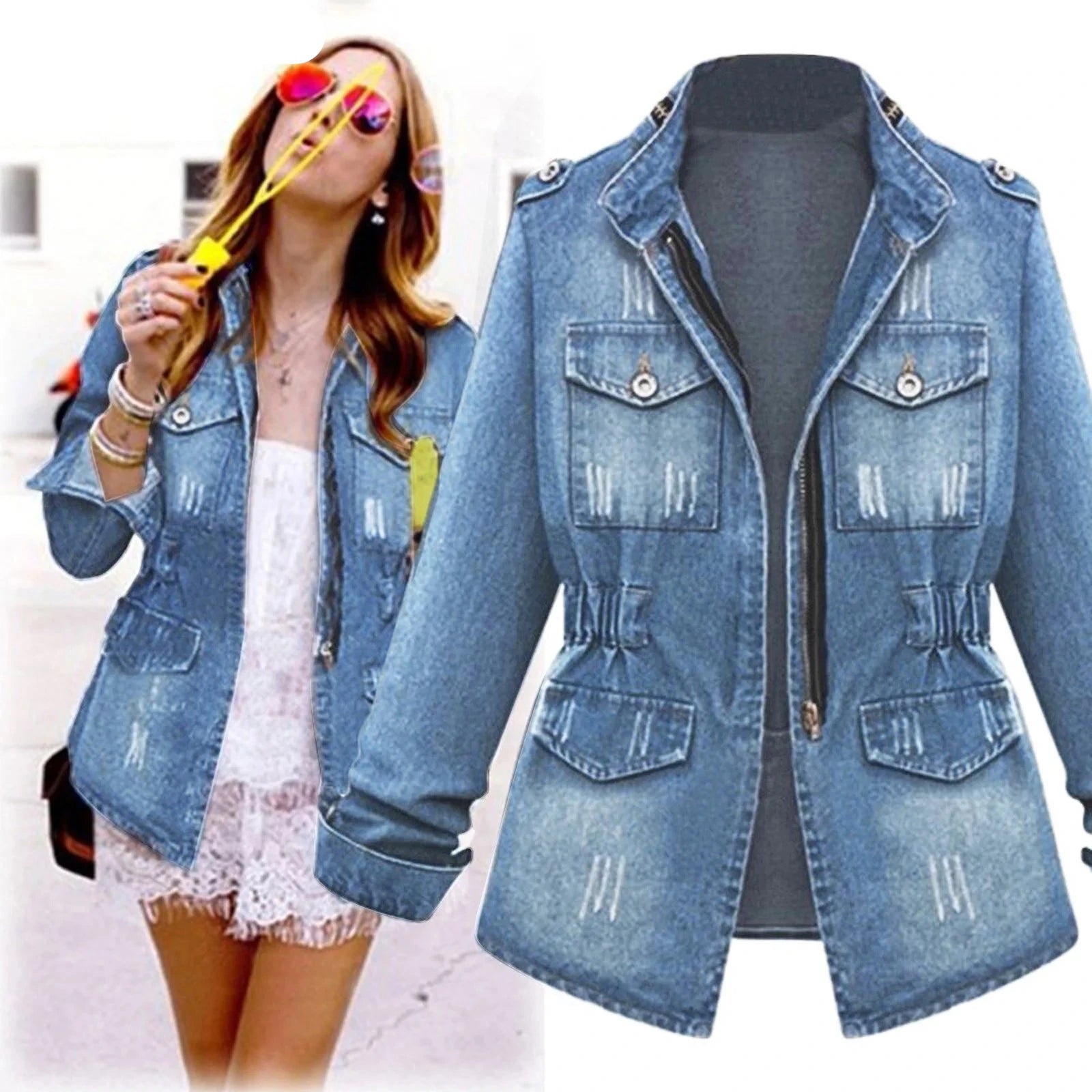 Plus Size Women's Denim Jacket with Chain Detail Plus Polished Pros