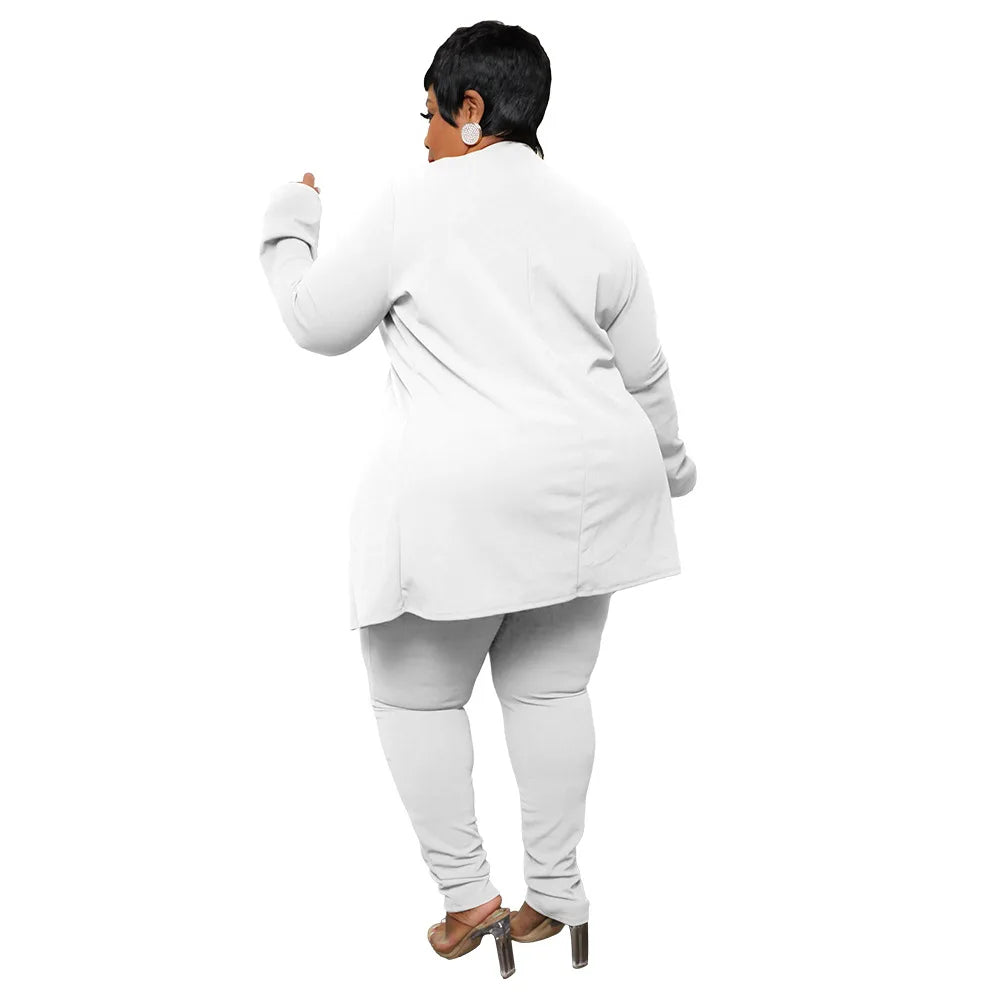 Plus Size 12-22 Two-piece Suit Set - Solid Color Lapel Cardigan & Long Pants Plus Polished Pros