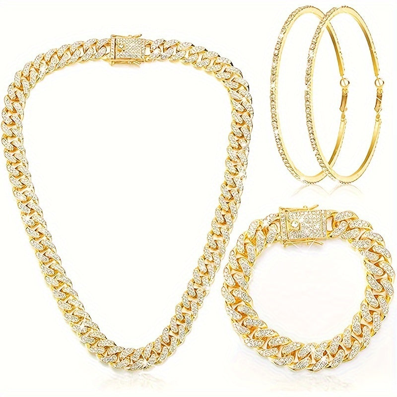 Cuban Chain Jewelry Set - Necklace, Bracelet, Earrings